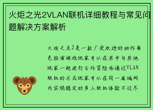 火炬之光2VLAN联机详细教程与常见问题解决方案解析